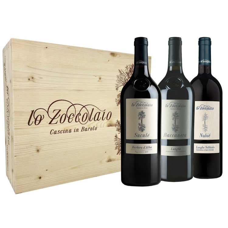 Langhe DOC “Baccanera” 2022 + Barbera d'Alba DOC "Suculé" 2022 + Nebbiolo D'Alba DOC "Nubiè" 2023 - Lo Zoccolaio (cassetta di legno 3 bottiglie)